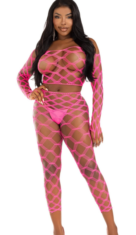 Never Say Never Crop Top and Tights Set -  Neon Pink