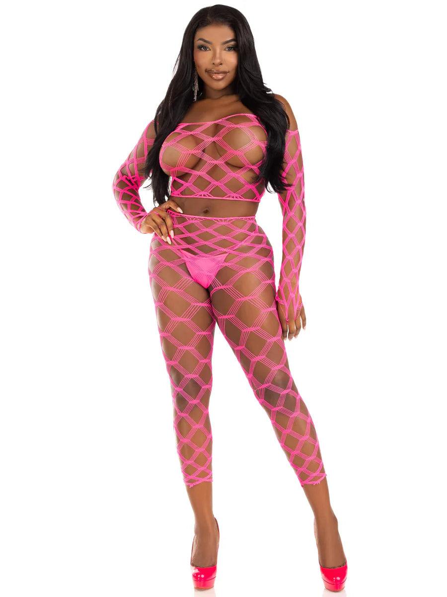 Never Say Never Crop Top and Tights Set - Neon Pink