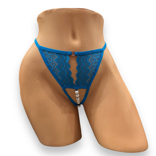 Blue Micro Crotchless Thong With Pearls