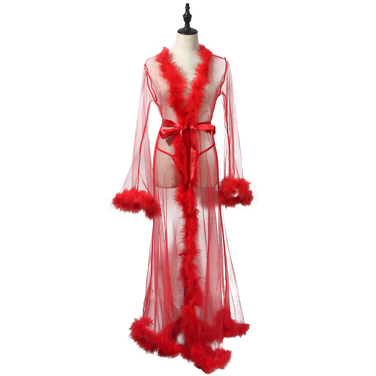 Red Long Transparent Mesh Robe With Fur