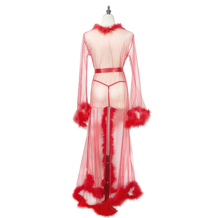 Red Long Transparent Mesh Robe With Fur