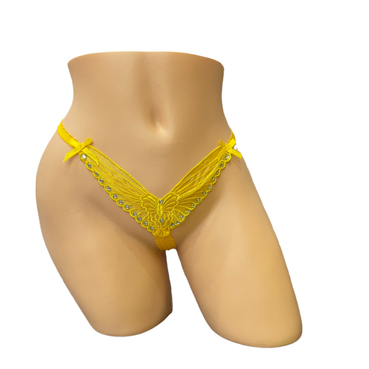 Yellow Embroidered Butterfly Thong With Rhinestones- Crotchless