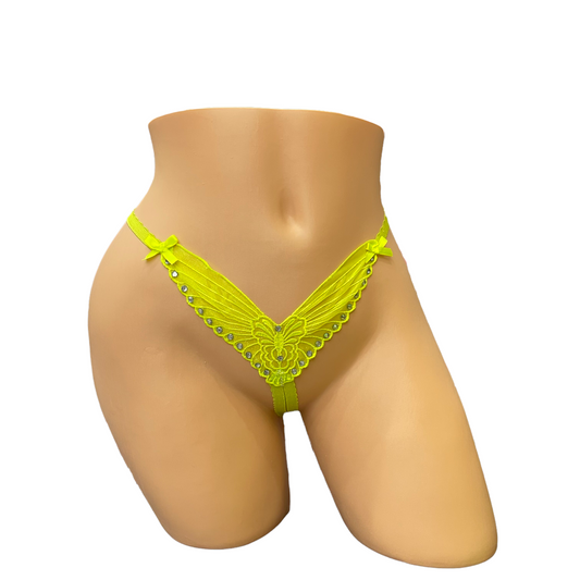 Neon Green Embroidered Butterfly Thong With Rhinestones- Crotchless