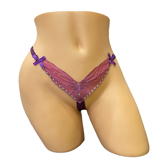 Purple Embroidered Butterfly Thong With Rhinestones- Crotchless