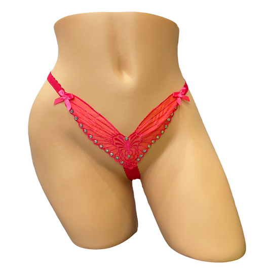 Neon Pink Embroidered Butterfly Thong With Rhinestones- Crotchless