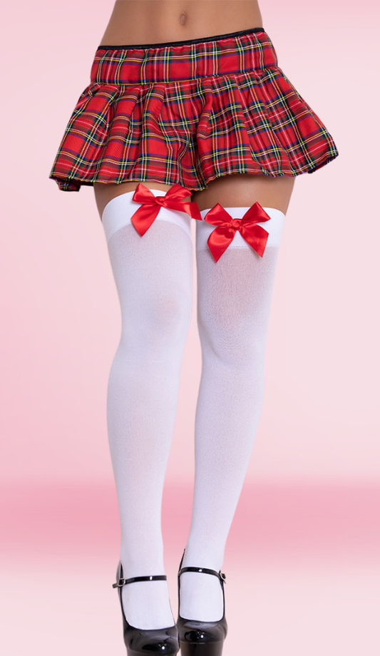 Thigh Hi With Satin Bow -  White & Red