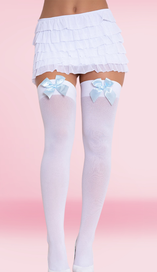 Thigh Hi With Satin Bow -  White & Baby Blue