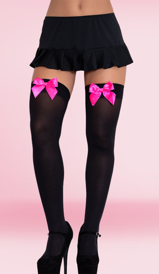 Thigh Hi With Satin Bow - Black & Neon Pink