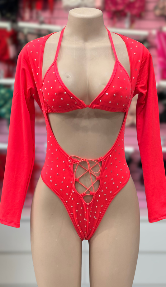 Coral Rhinestone Veronica Bodysuit