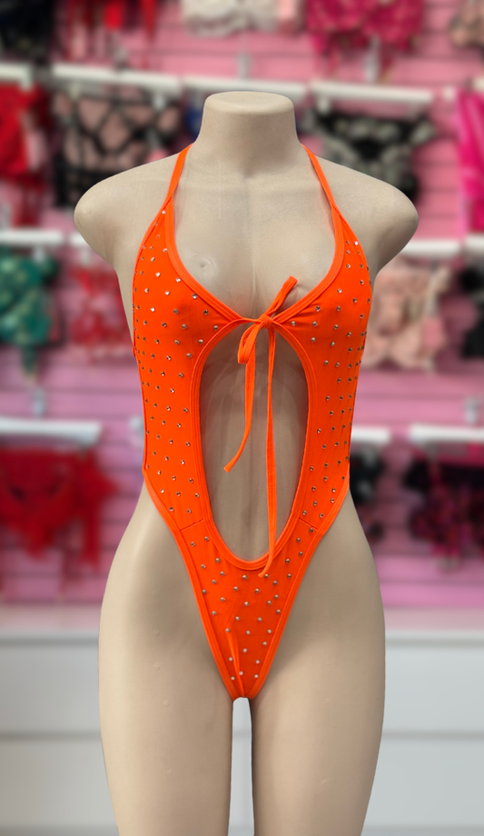 Neon Orange Rosi Bodysuit w/Rhinestones