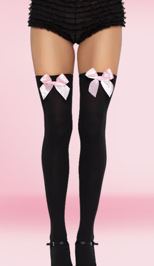 Thigh Hi With Satin Bow -  Black & Pink