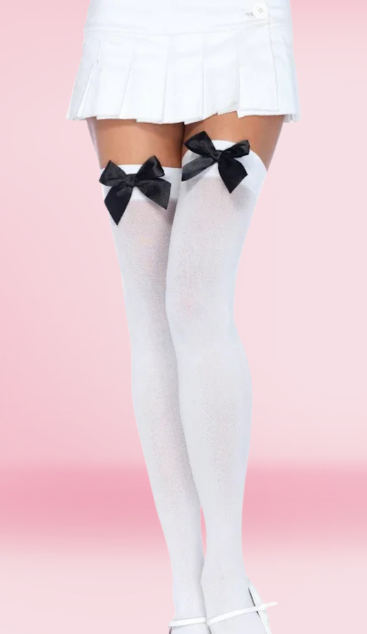Thigh Hi With Satin Bow -  White & Black