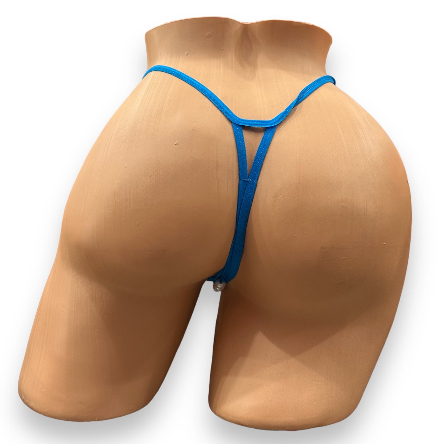 Blue Micro Crotchless Thong With Pearls